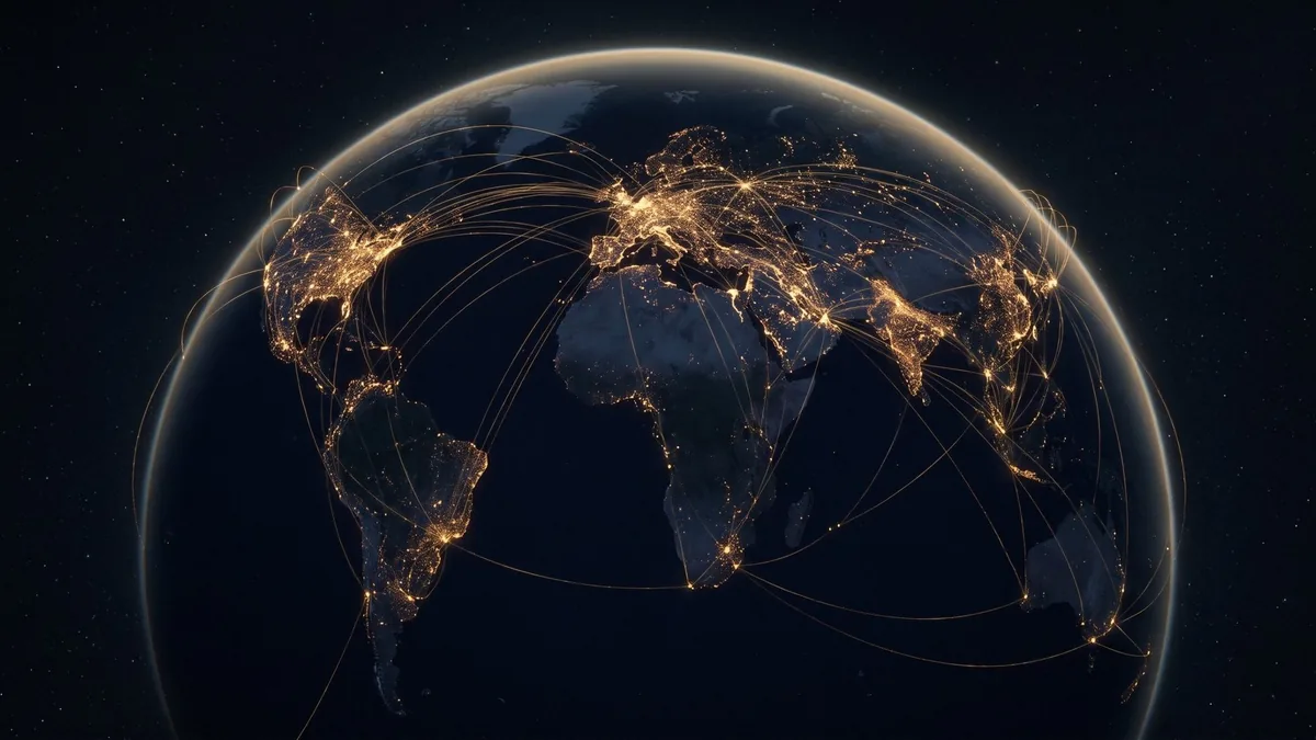 Earth at night criss-crossed by gold connections